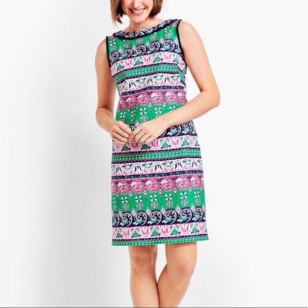 Talbots Sleeveless Fringe Trim Sheath Dress Navy Green Pink Floral Linen Sz 14